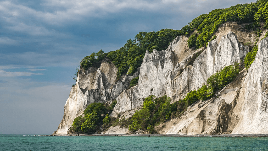 Møns Klint white chalk cliffs rising from the Baltic Sea